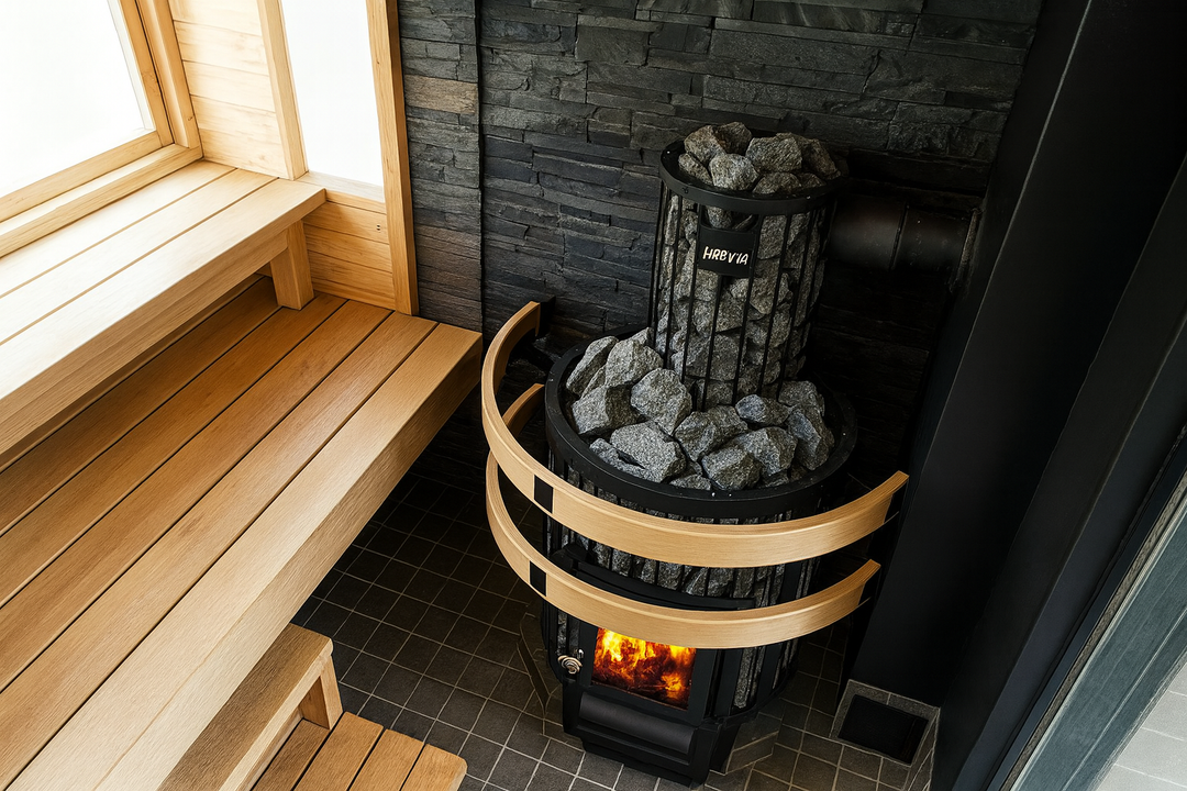 Harvia Legend 300 DUO for home spa sauna heater with stone container and wood-burning fire in modern sauna room