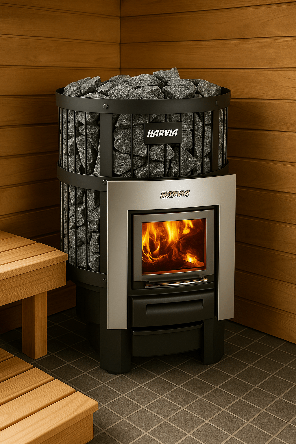 Harvia Legend 300 DUO for home spa with a modern design and fiery wood burning display