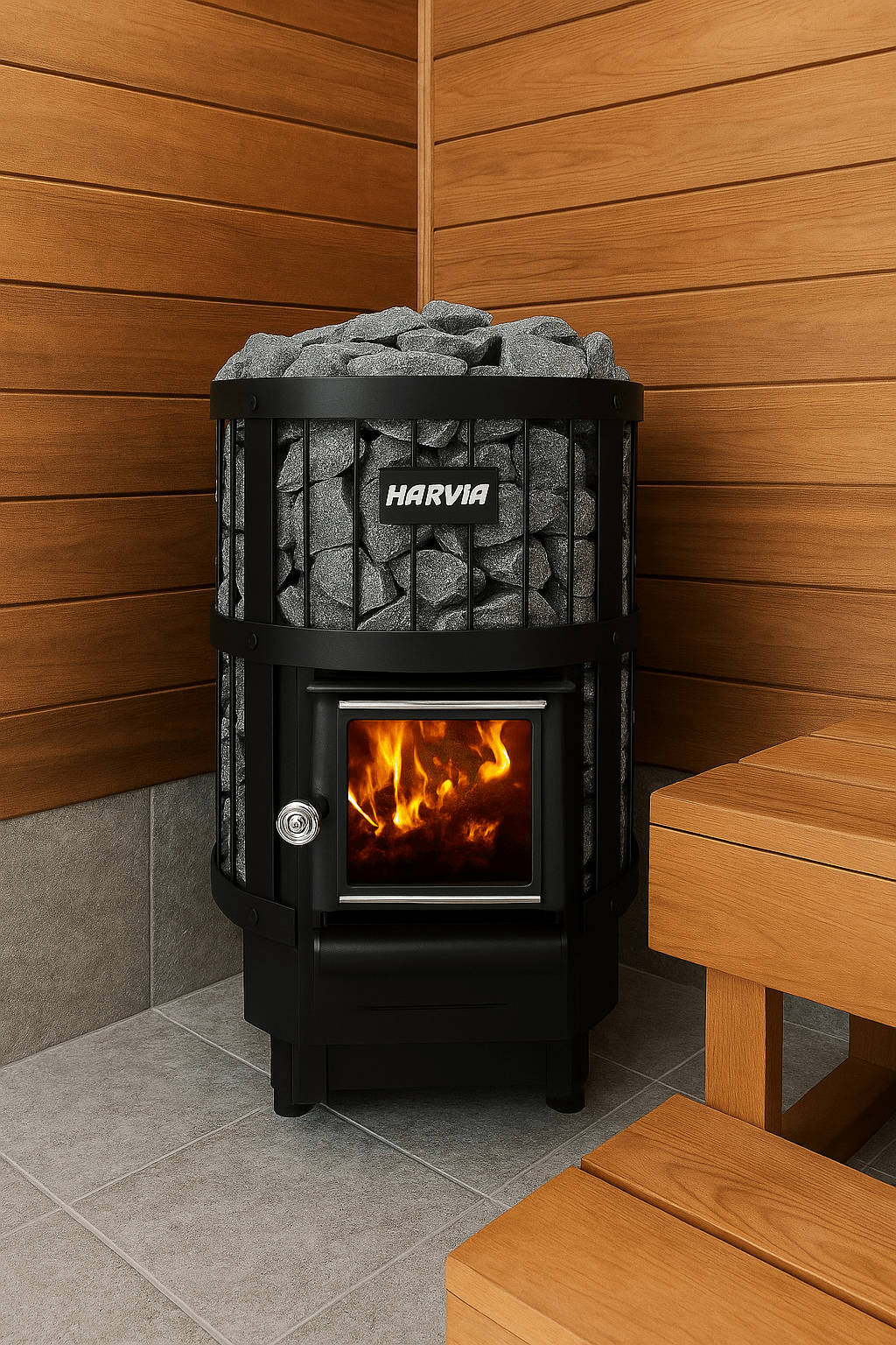 Harvia Legend 300 sauna stove with stones and glowing fire in a wooden sauna interior