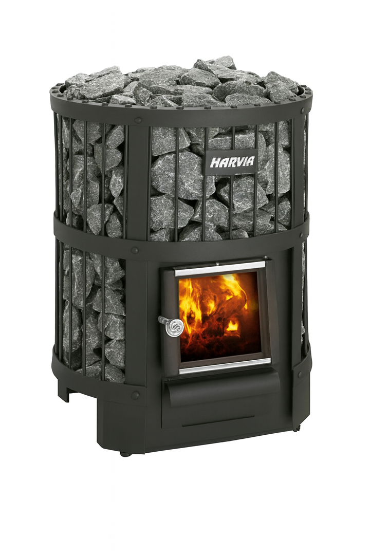Harvia Legend 300 sauna stove with black metal frame and sauna stones with visible fire inside