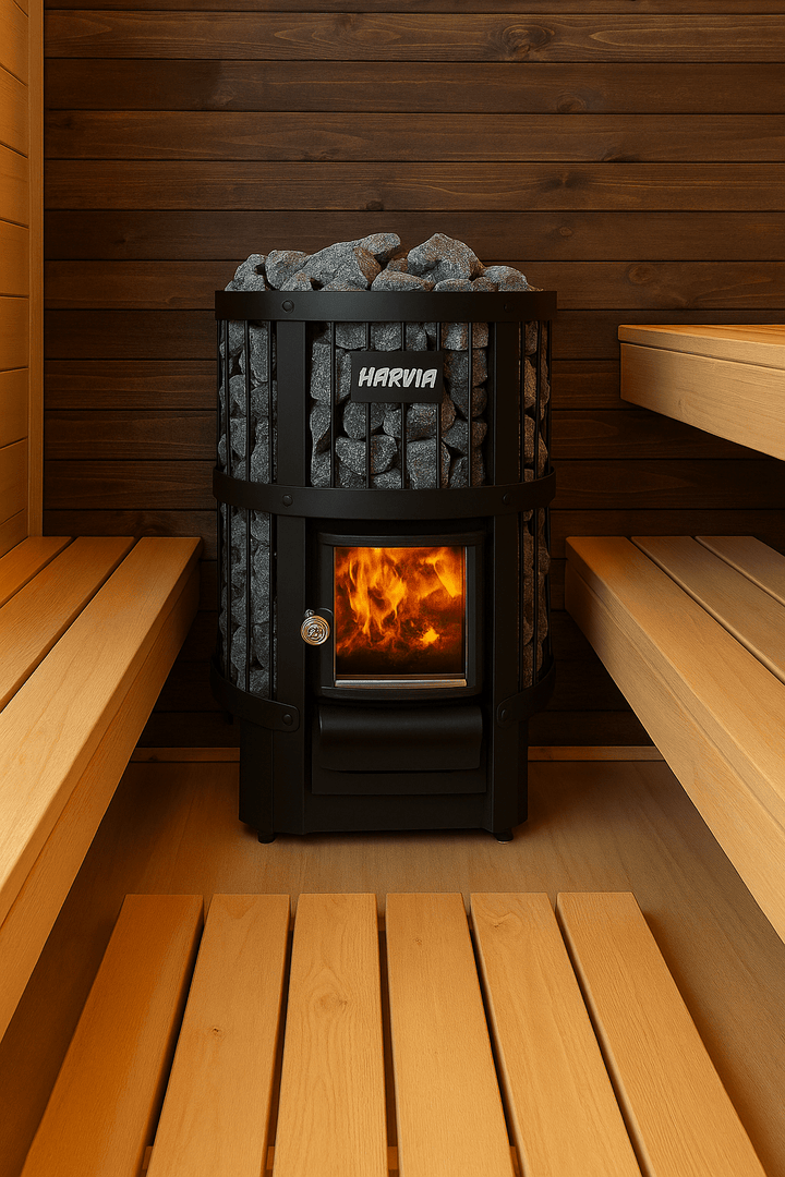 Harvia Legend 300 sauna stove with a stone chamber for optimal heating in a wooden sauna interior