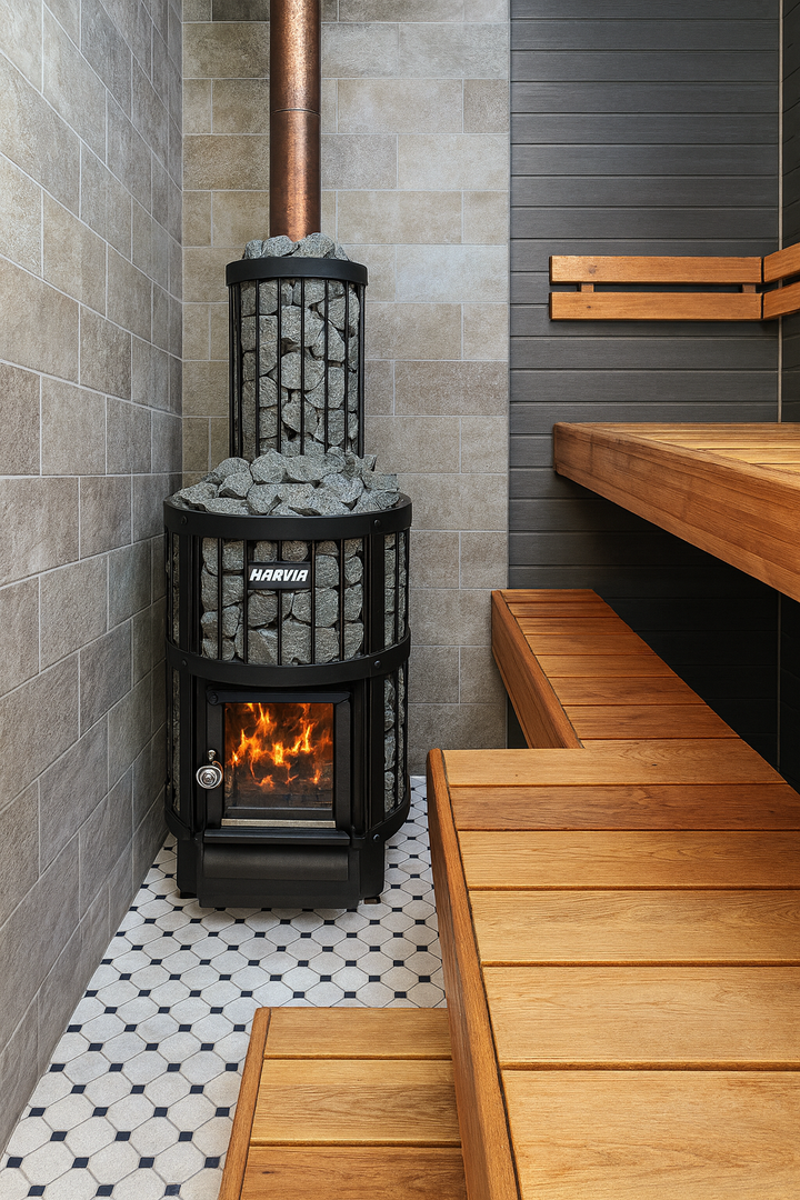 Harvia Legend 300 sauna stove with stones and wooden benches inside a modern sauna room