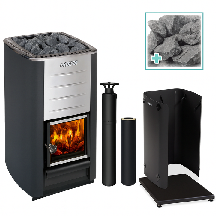 Harvia M3 BK sauna heater with stove, chimney pipes, safety shield, and sauna stones included