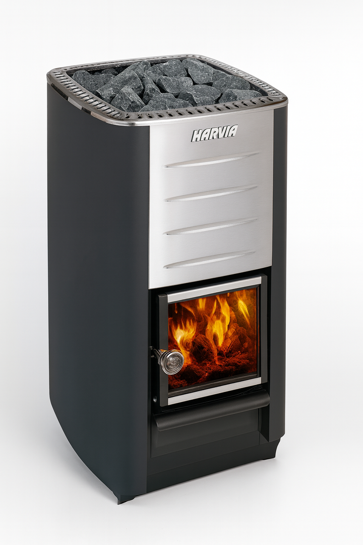 Harvia M3 sauna heater kit with fire visible inside and stones on top for traditional sauna experience