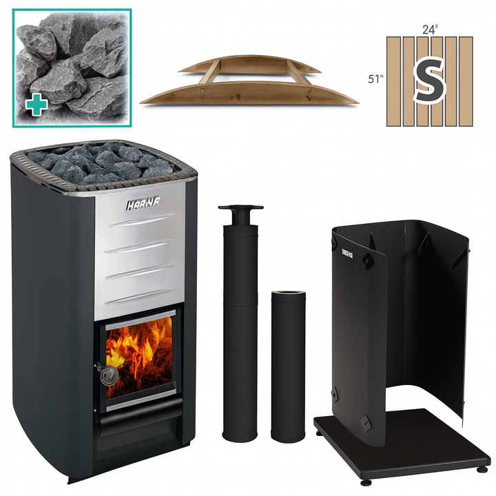Harvia M3 sauna heater kit with black and silver sauna heater, chimney pipes, heat shield, sauna stones, and wooden sauna vent