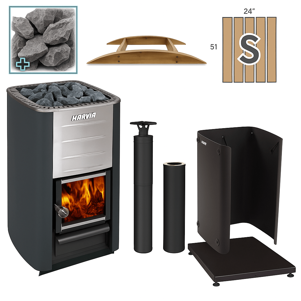 Harvia M3 sauna heater package with stones, chimney, and wood components for efficient heating