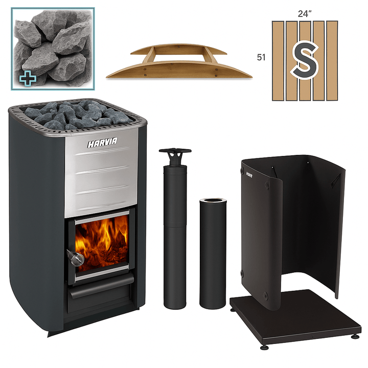 Harvia M3 sauna heater package with stones, chimney, and wood components for efficient heating