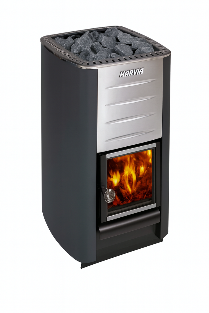 Harvia M3 sauna heater package with stainless steel front and visible fire chamber with sauna stones on top