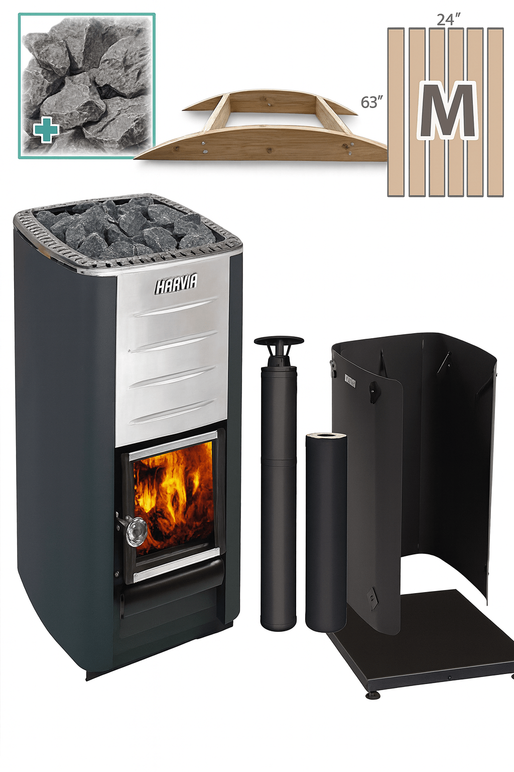 Harvia M3 sauna heater package with stove, stones, flue pipe, and safety guard for efficient heating