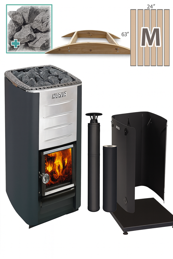Harvia M3 sauna heater package with firewood stove, sauna stones, chimney pipe, and protective shield