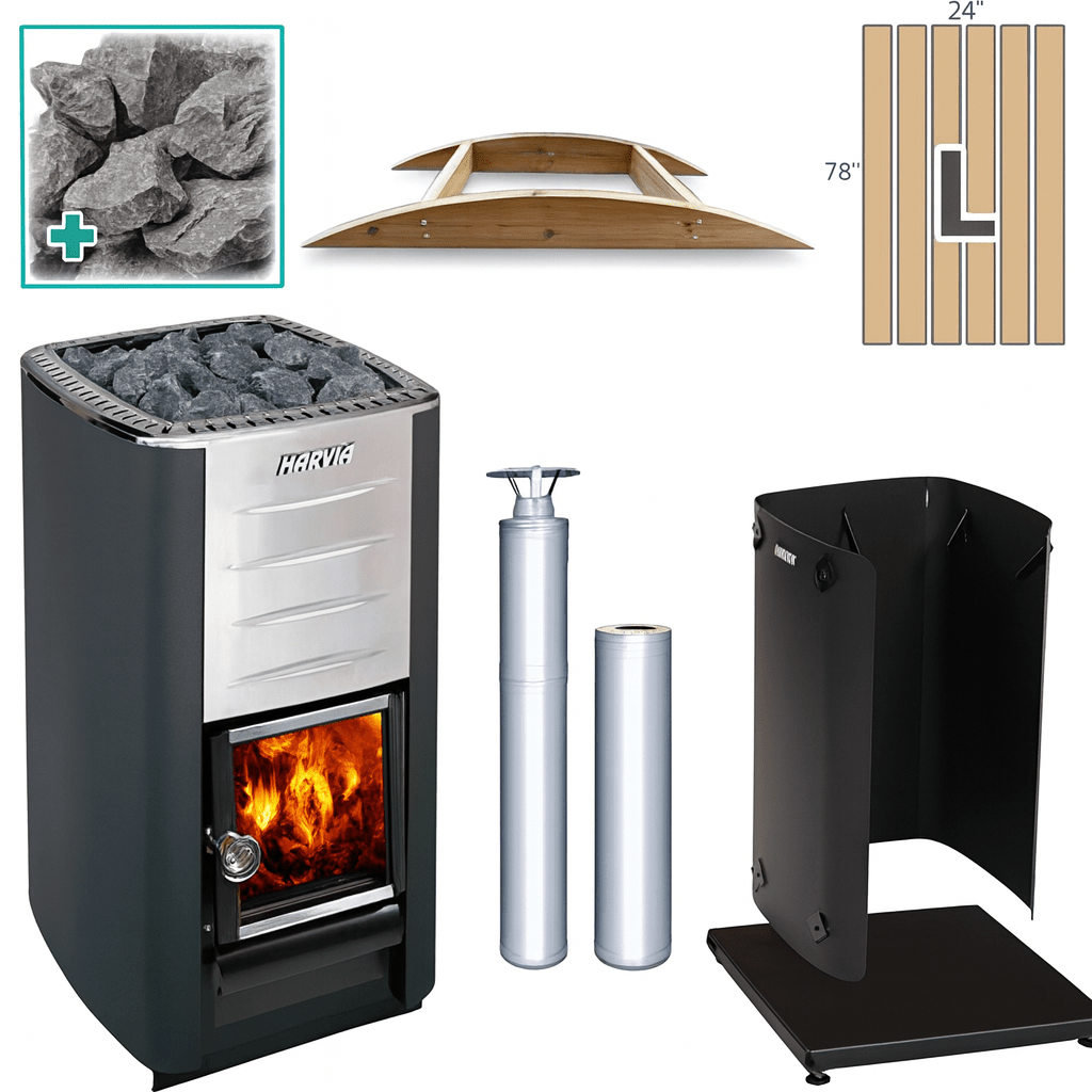 Harvia M3 sauna stove kit with stones, chimney, and protective hood for optimal sauna heating