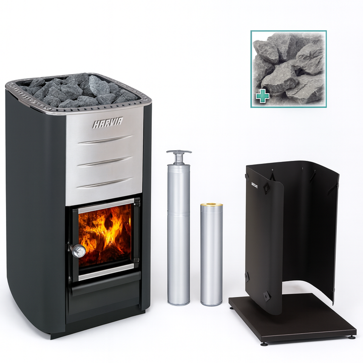 Harvia M3 sauna stove kit including sauna heater with stones, metal pipes, and black mounting accessories