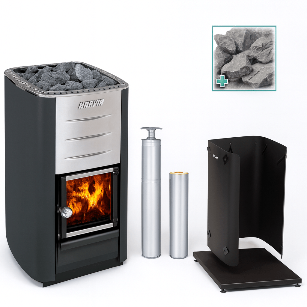 Harvia M3 sauna stove kit featuring a sleek design with stones and chimney for efficient heating