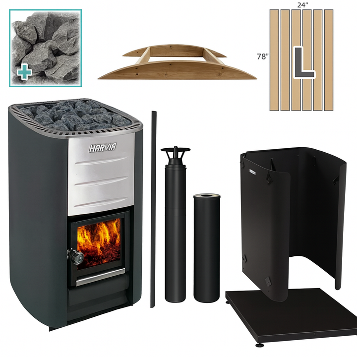 Harvia M3 sauna stove package with sauna heater, chimney pipes, stones, and wooden sauna accessories
