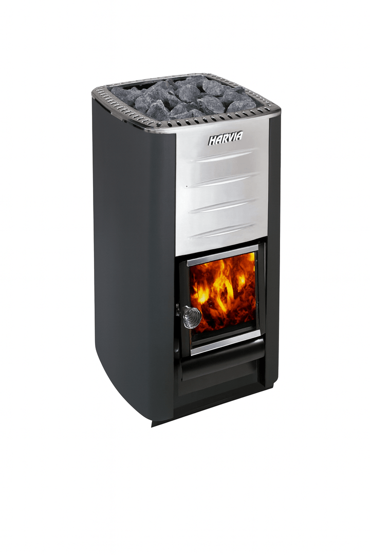 Harvia M3 wood burning sauna stove with a black exterior and visible flames in the front