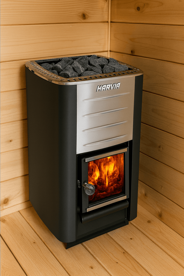 Harvia M3 wood burning sauna stove with stone top and glowing fire for authentic sauna experience
