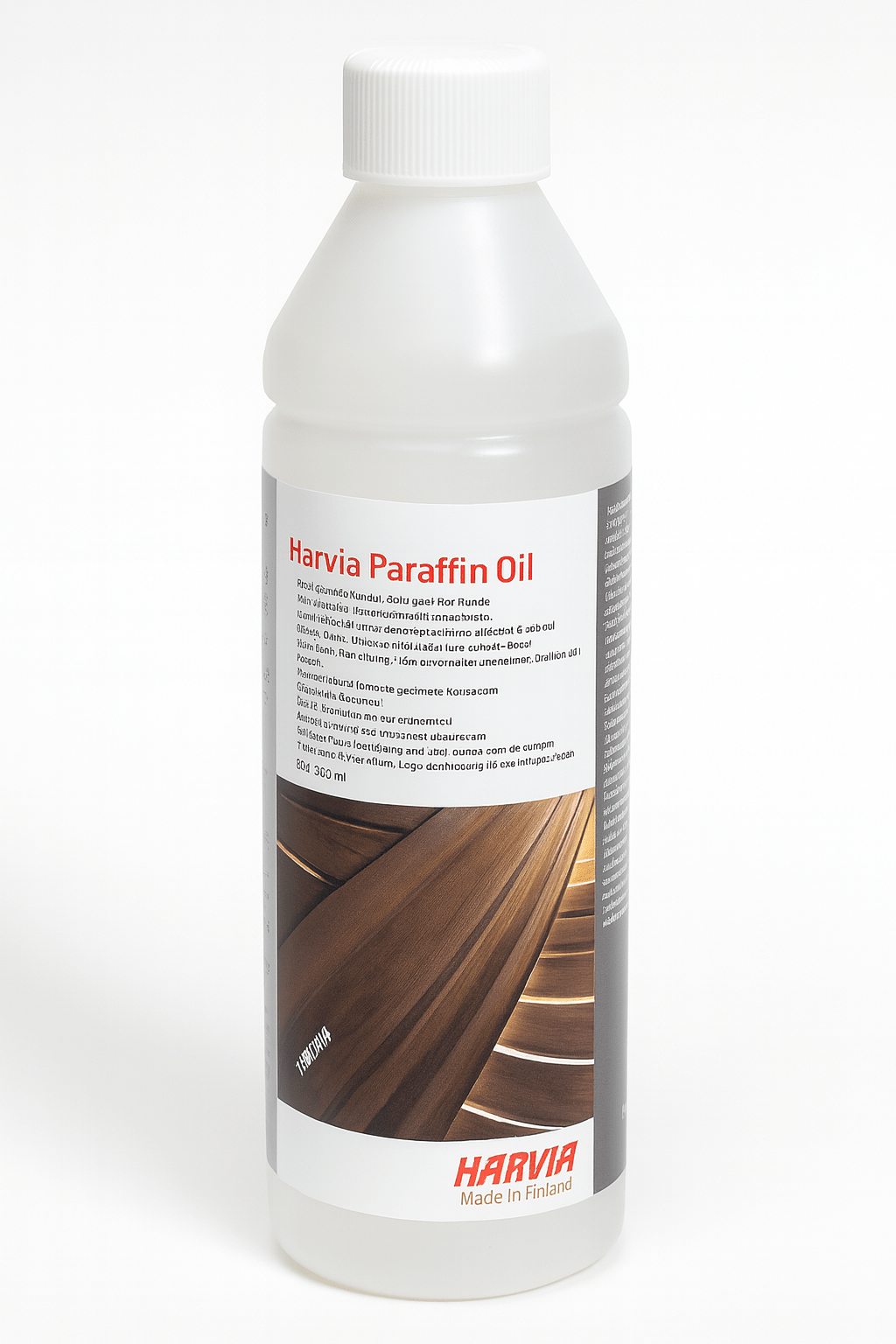 Harvia Paraffin Oil for sauna wood in a clear bottle for protecting and maintaining sauna surfaces