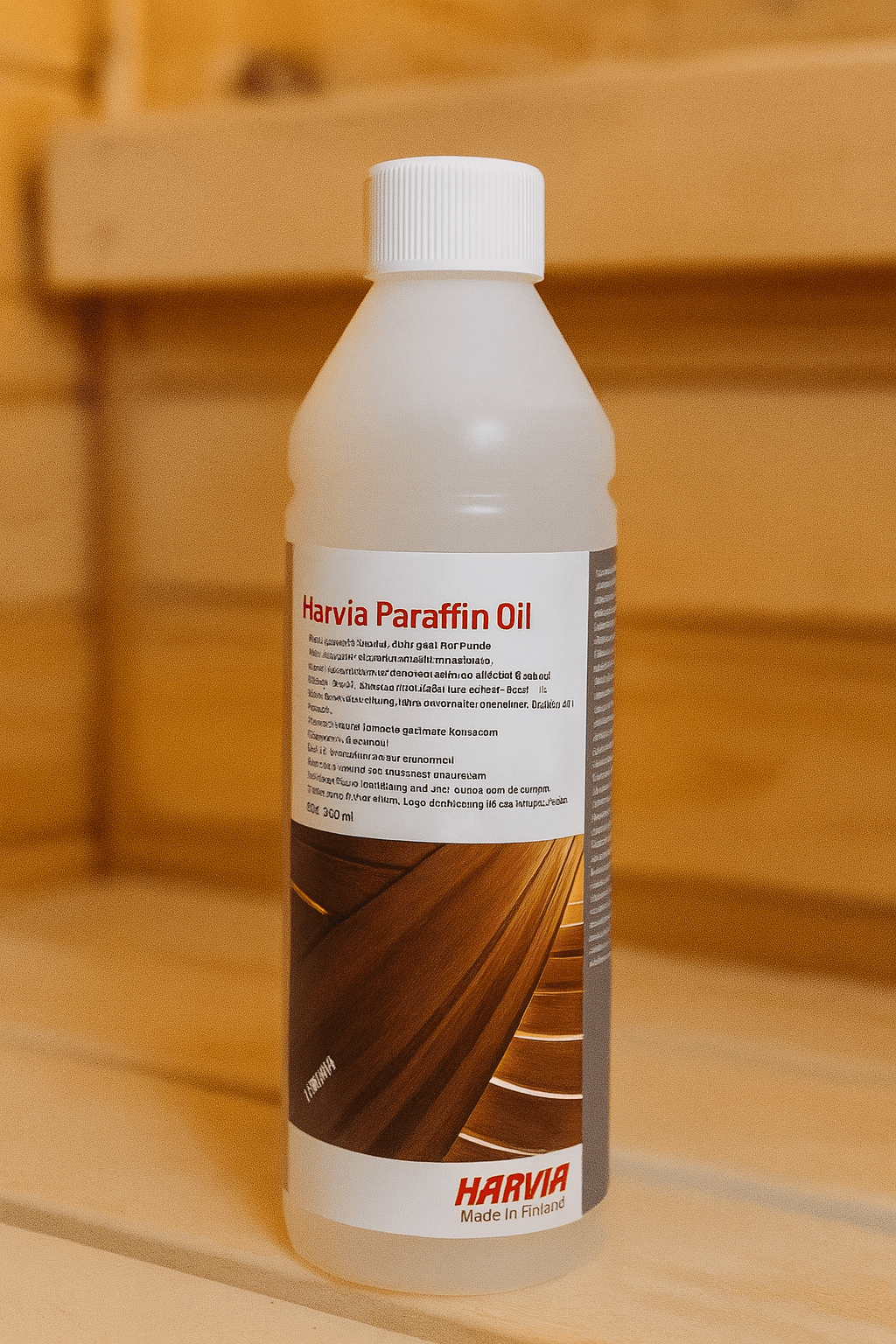 Harvia paraffin oil for sauna wood in a 300ml bottle, ideal for protecting and enhancing wood surfaces