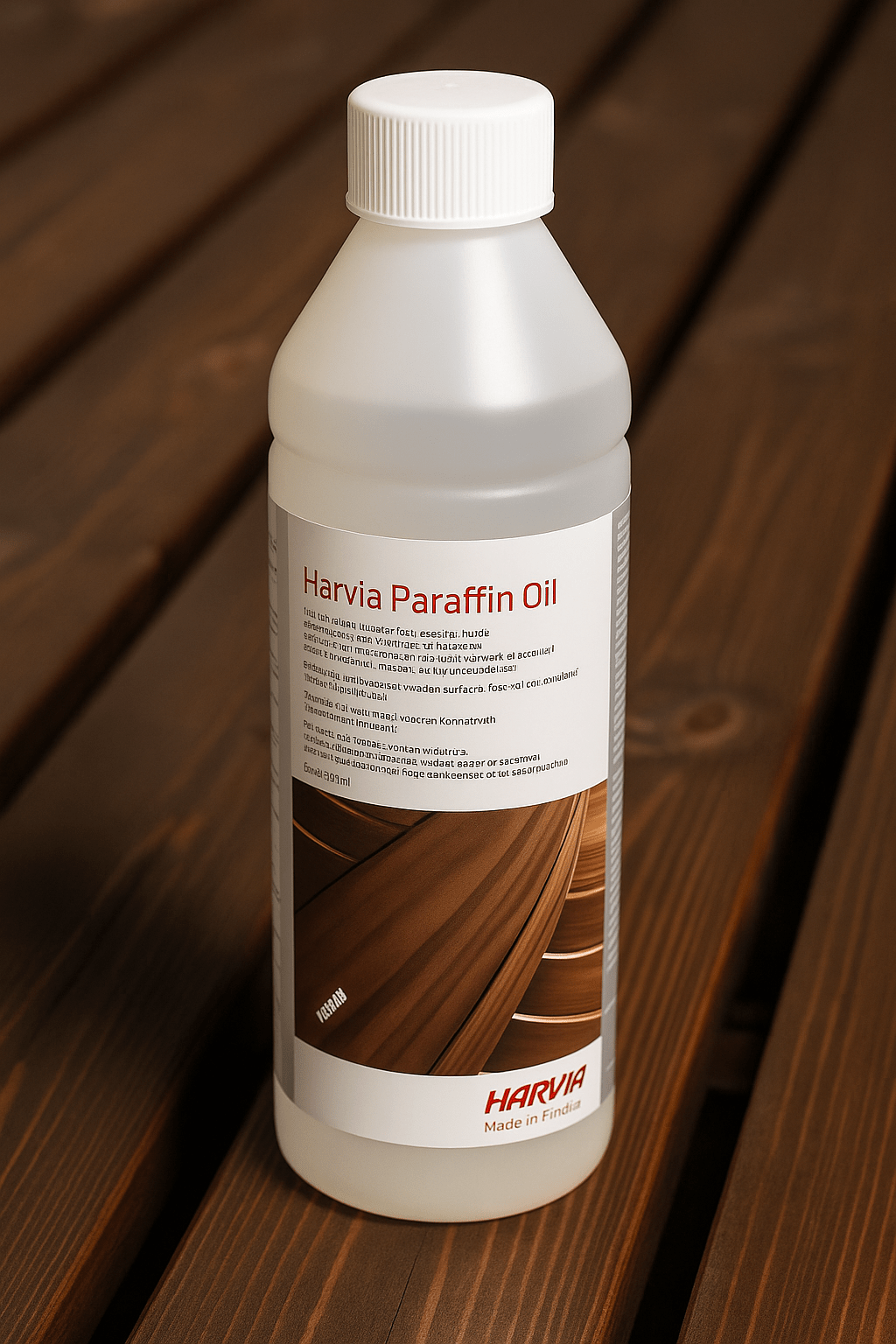 Harvia Paraffin Oil for Sauna Wood in a clear bottle, ideal for protecting and enhancing wood surfaces