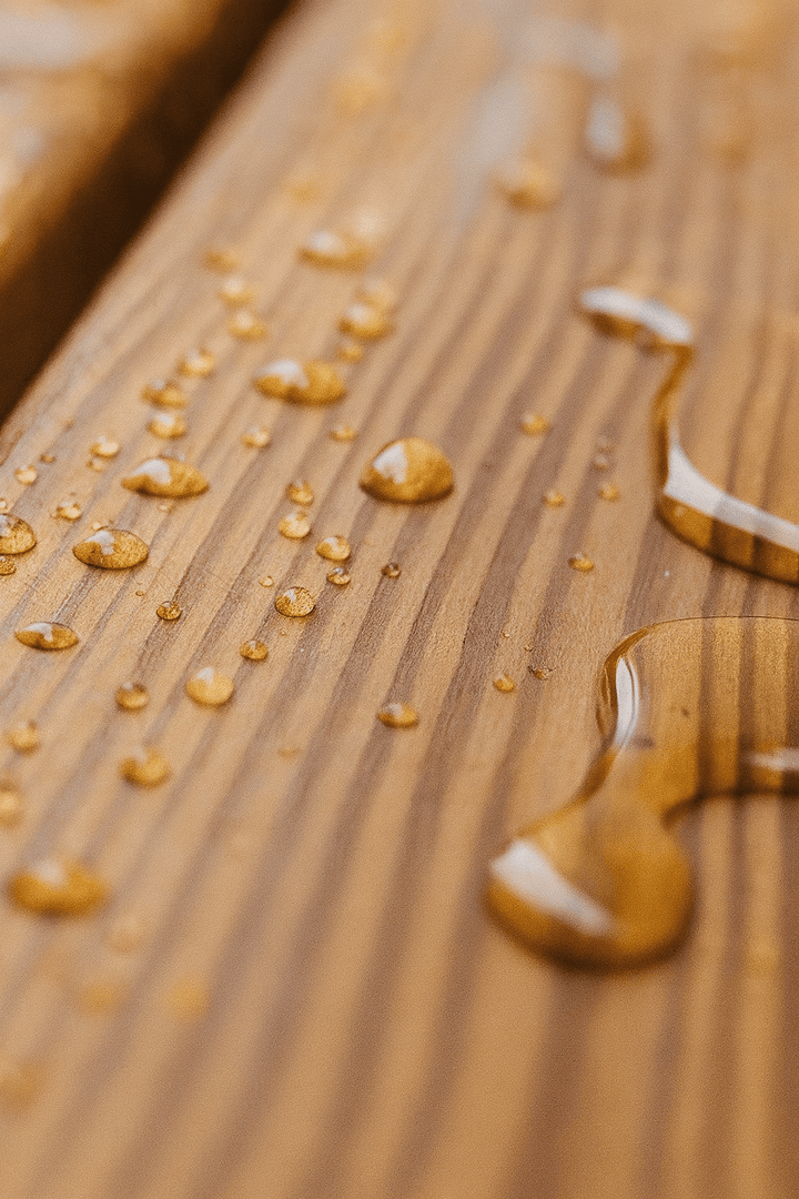 Wood surface with water droplets treated with paraffin oil for sauna wood for protection and durability