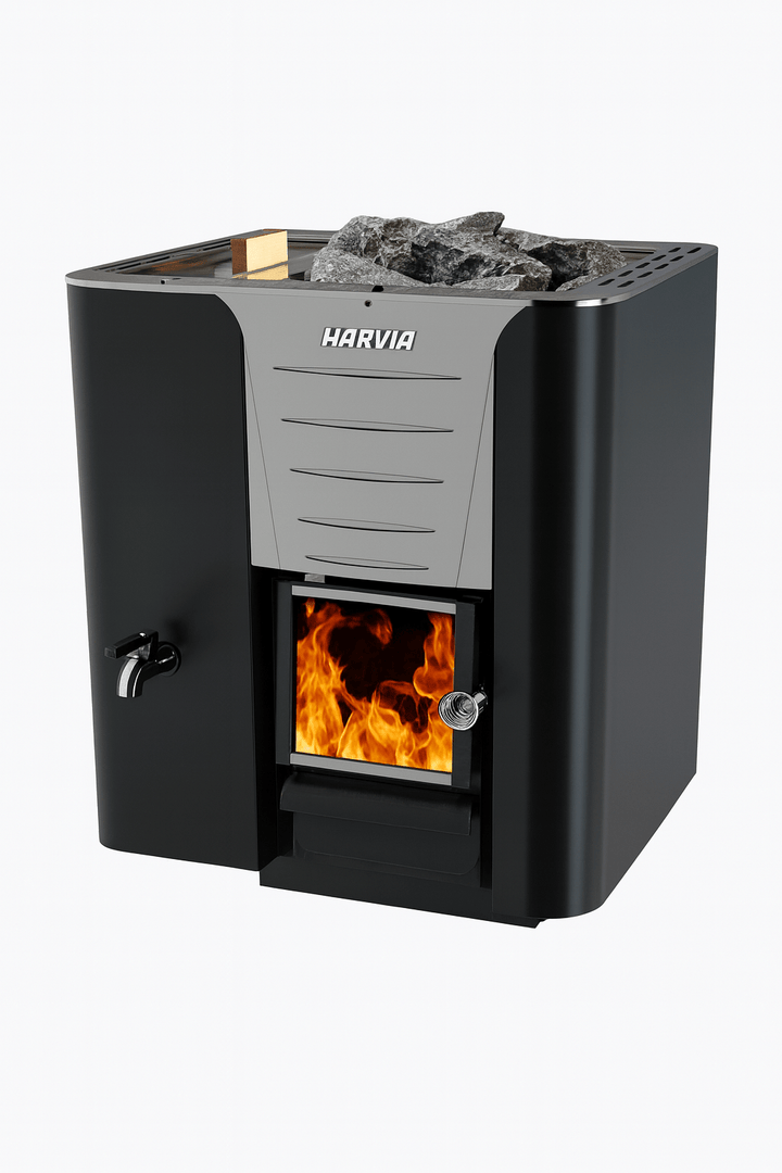 Harvia Pro 20 LS wood burning sauna heater with stone holder and vibrant flames visible