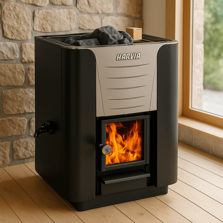 Harvia Pro 20 LS wood burning sauna heater with a sleek design and visible flames for an authentic sauna experience