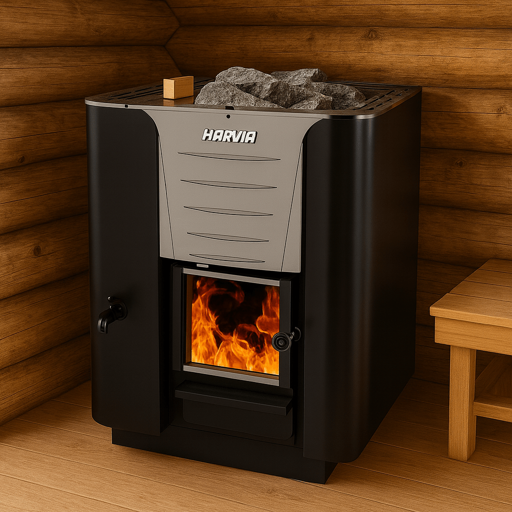 Harvia Pro 20 LS wood burning sauna heater with stones and a cozy wooden cabin setting