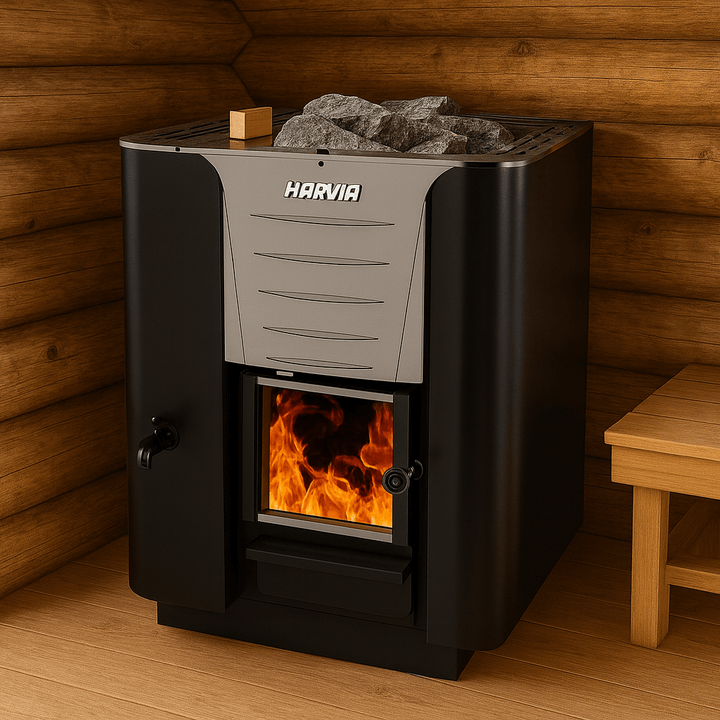 Harvia Pro 20 LS wood burning sauna heater with stones and a cozy wooden cabin setting