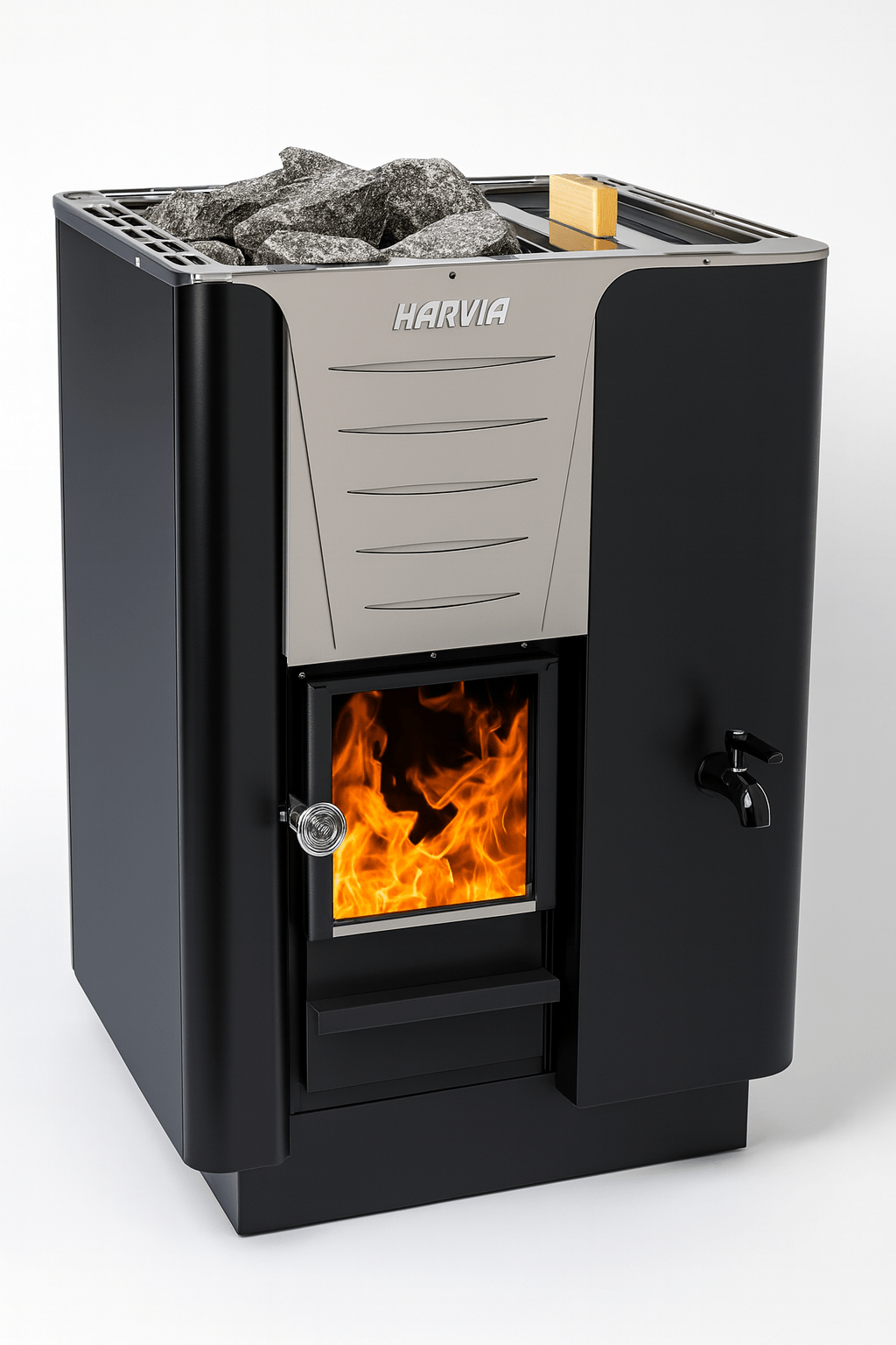 Harvia Pro 20 RS sauna heater with a visible flame and stone holder for effective heat distribution
