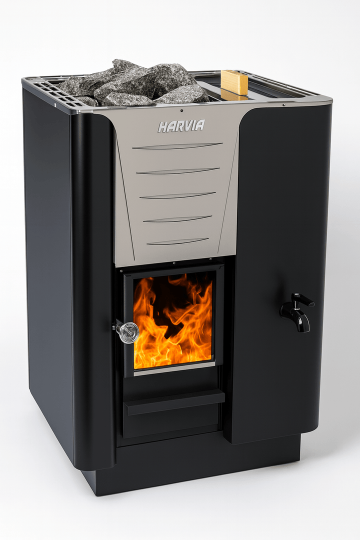 Harvia Pro 20 RS sauna heater with a visible flame and stone holder for effective heat distribution