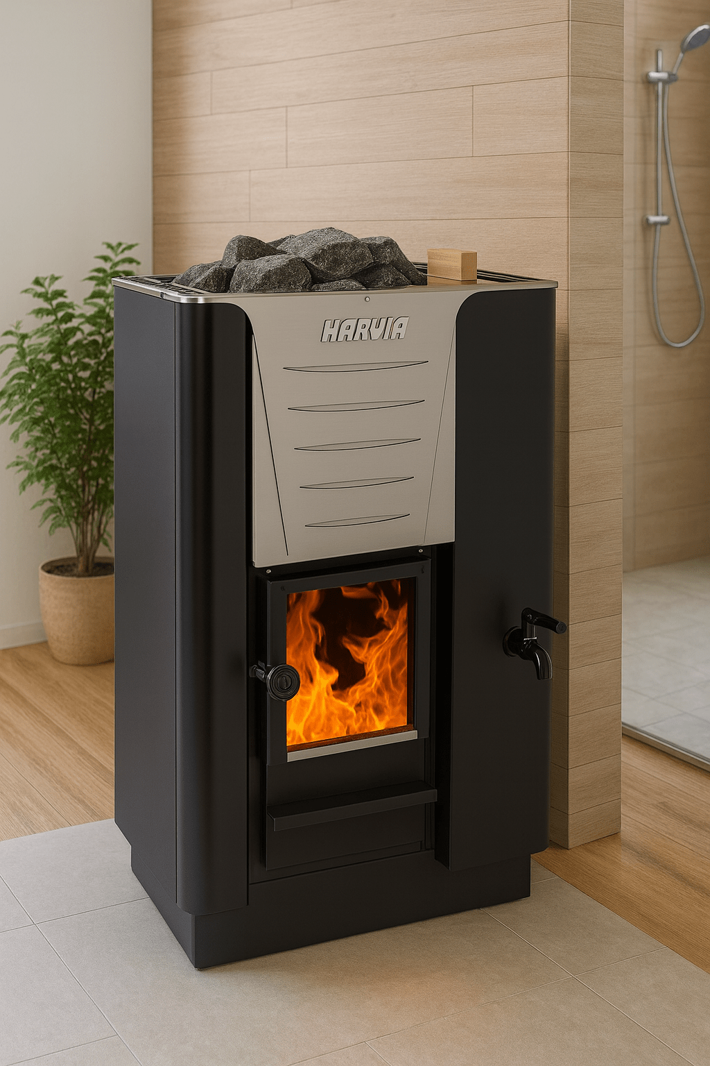 Harvia Pro 20 RS sauna heater with a stylish design and firewood compartment for efficient heating