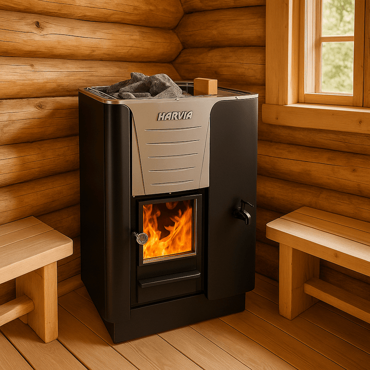 Harvia Pro 20 RS sauna heater with a fire display, designed for optimal sauna heating