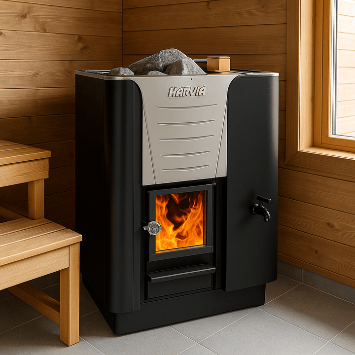 Harvia Pro 20 RS sauna heater featuring a sleek design and visible flame for efficient heating