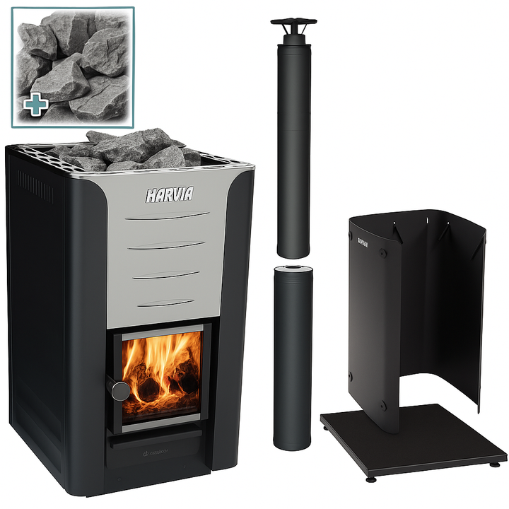 Harvia Pro 20 sauna heater with firewood chamber black and stainless steel finish with sauna stones