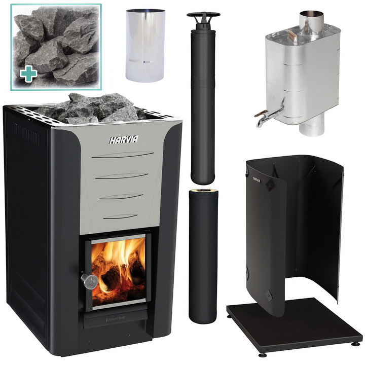 Harvia Pro 20 sauna heater package including stove with stones, chimney pipe, water tank, guard, and accessories