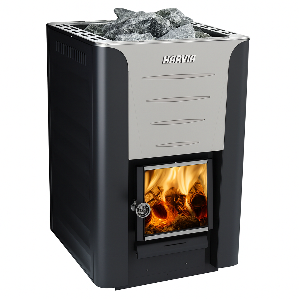 Harvia Pro 20 sauna heater package with black and silver body and visible fire inside heating chamber