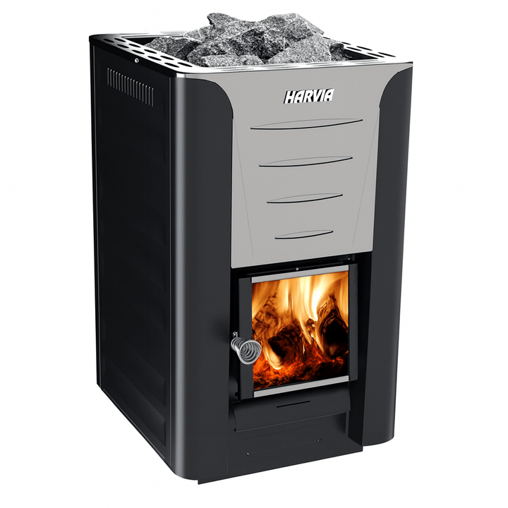 Harvia Pro 20 sauna stove package with a sleek design and large stone compartment for optimal heating
