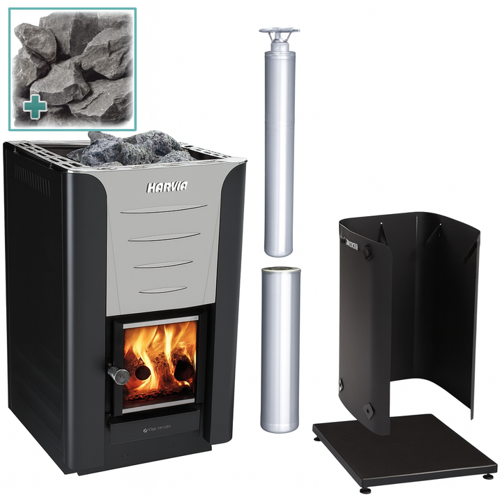 Harvia Pro 20 sauna stove package with black and silver sauna heater, chimney parts, and sauna stones
