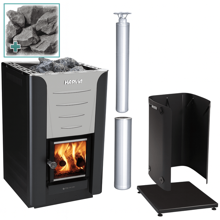 Harvia Pro 20 sauna stove package with stones, chimney, and protective shield for optimal sauna experience
