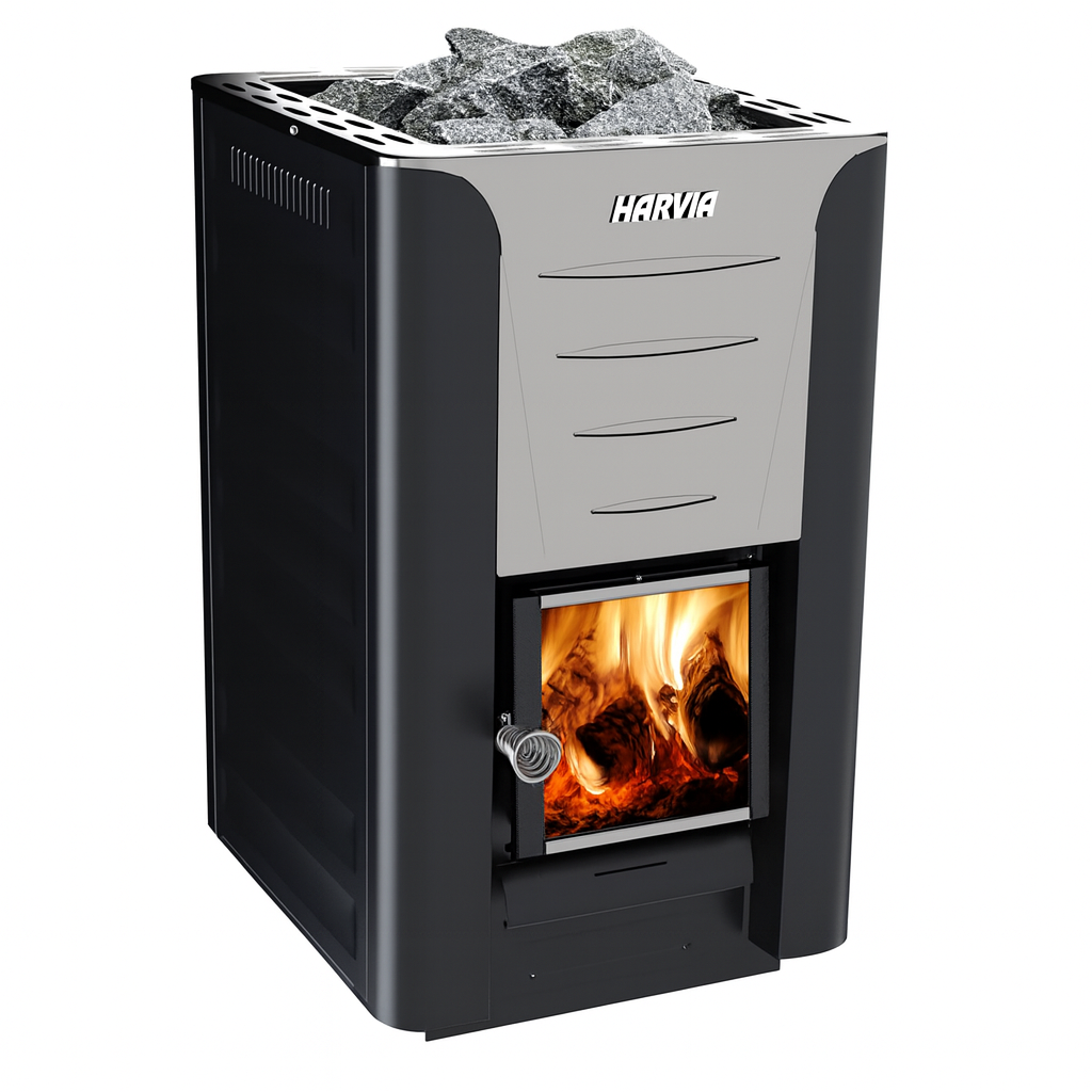 Harvia Pro 20 sauna stove package with black and silver design and wood fire heating sauna stones