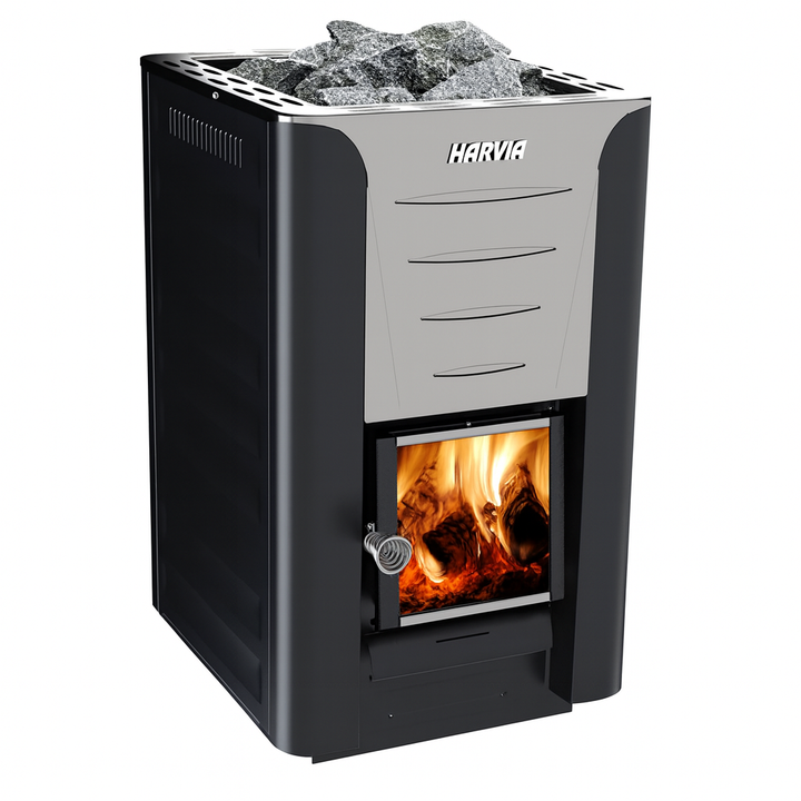 Harvia Pro 20 sauna stove package with black and silver design and wood fire heating sauna stones