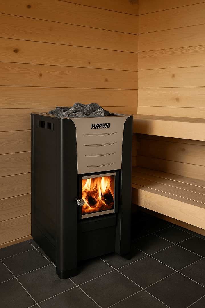 Harvia Pro 20 wood-burning sauna stove with flames visible, designed for traditional sauna experiences