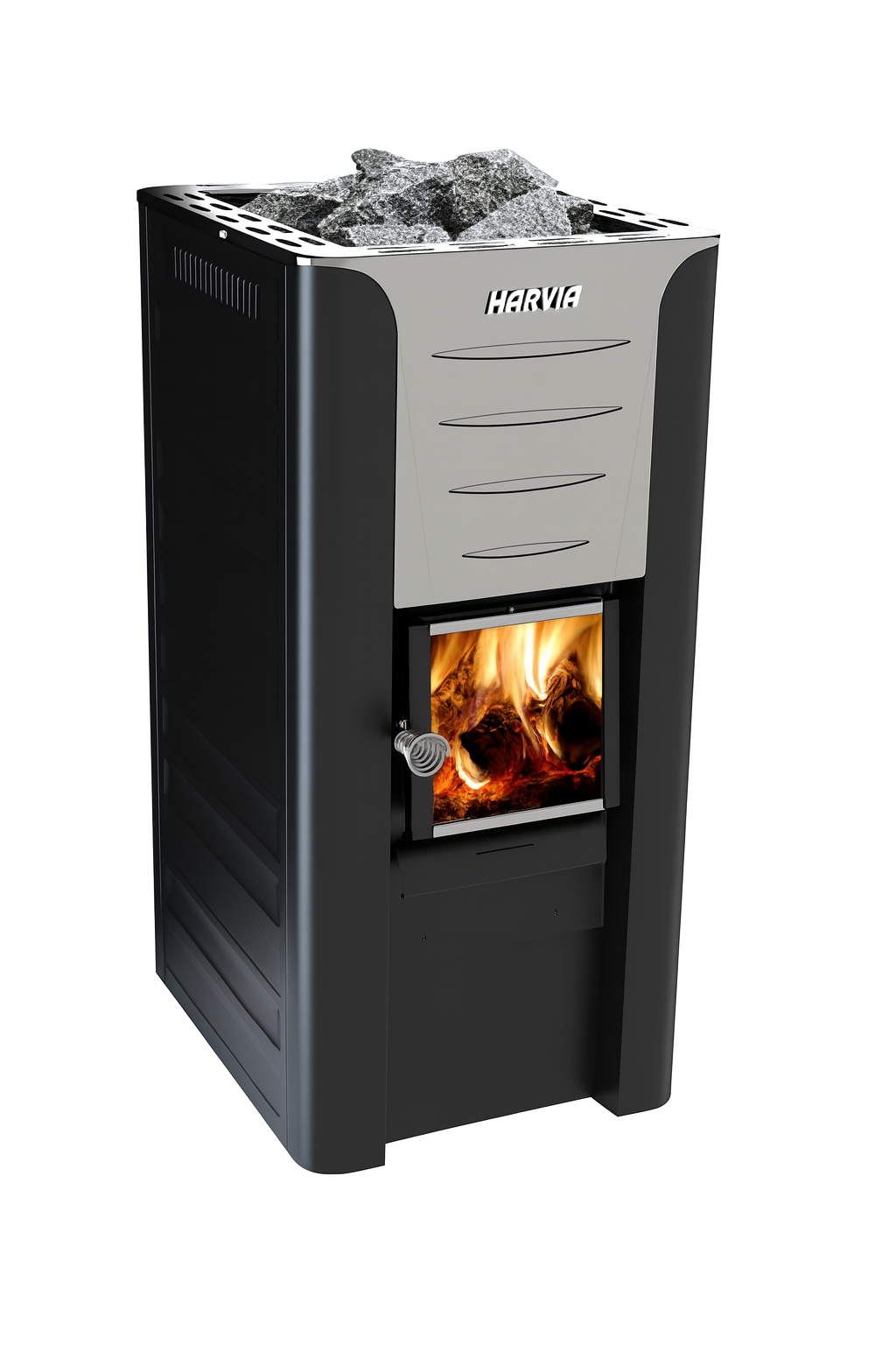Harvia Pro 20 wood-burning sauna stove with sleek design and firewood compartment for efficient heating