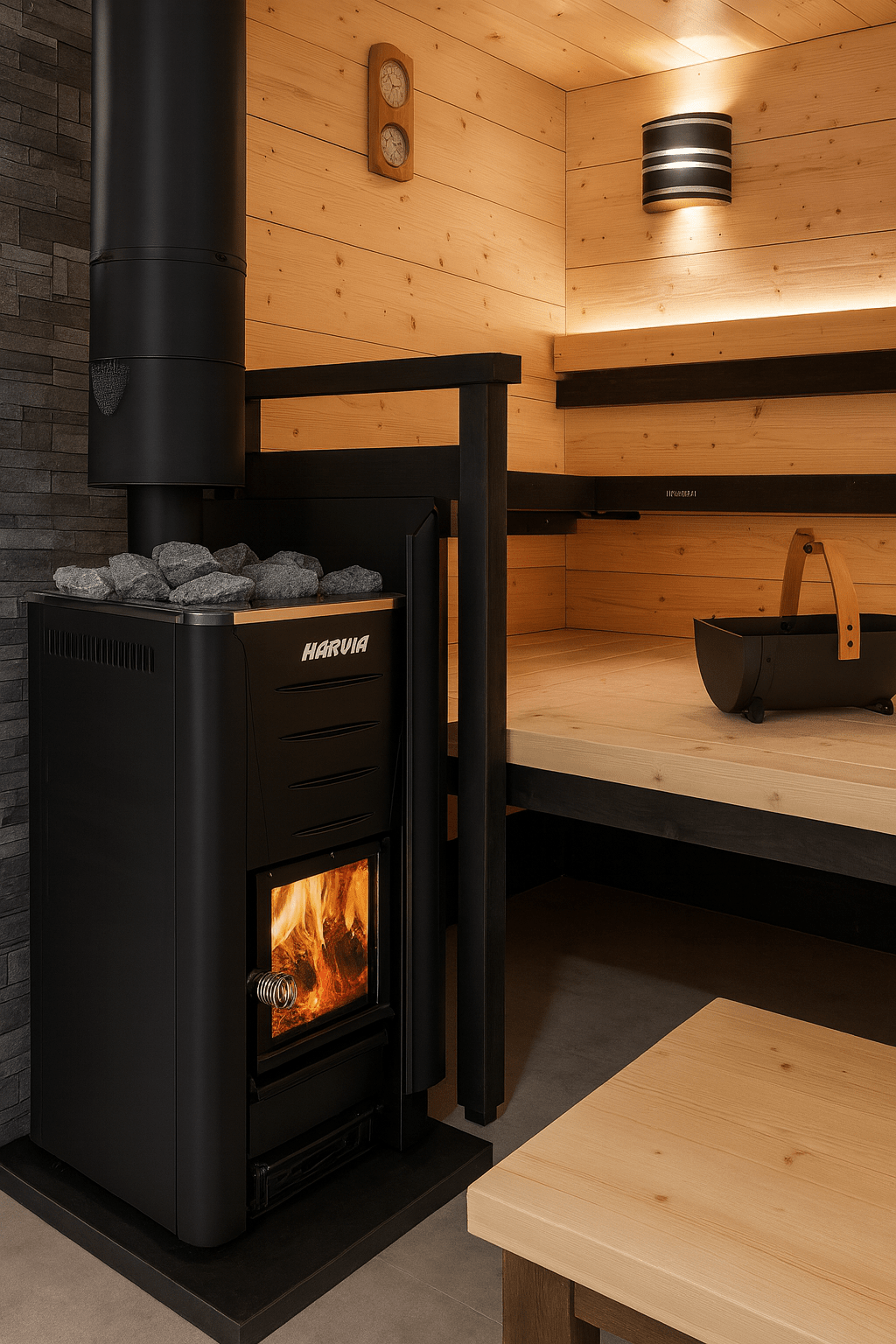 Harvia Pro 20 wood-burning sauna stove featuring a sleek design with visible flames and stones in a cozy sauna setting