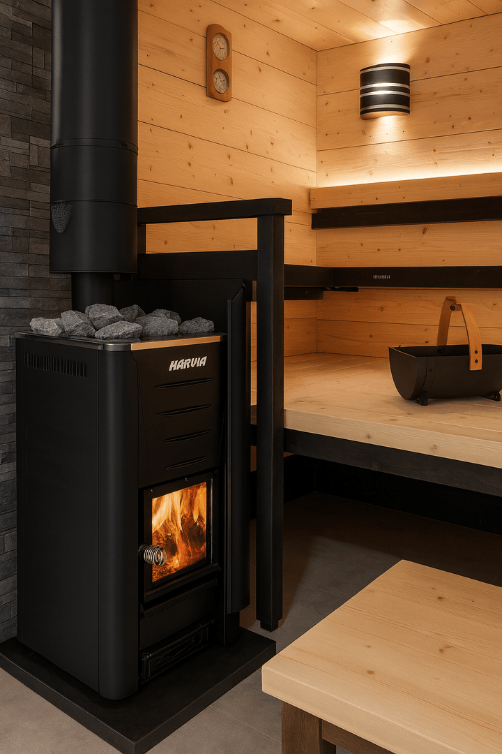 Harvia Pro 20 wood-burning sauna stove featuring a sleek design with visible flames and stones in a cozy sauna setting