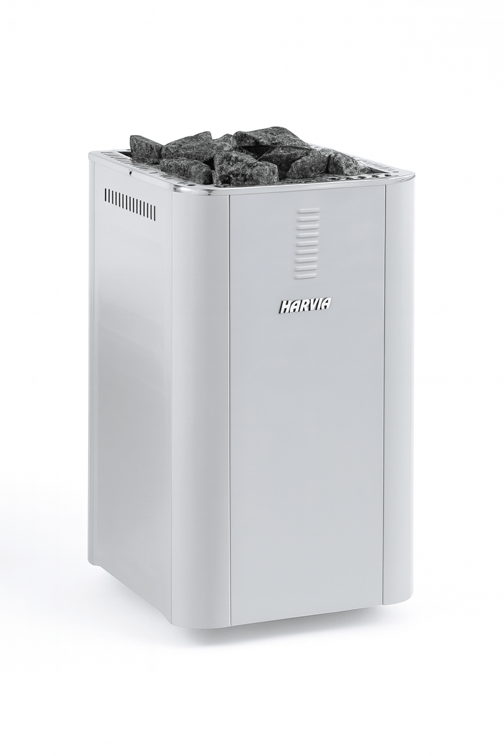 Harvia sauna heater with fireplace designed for efficient heating and sleek sauna installations