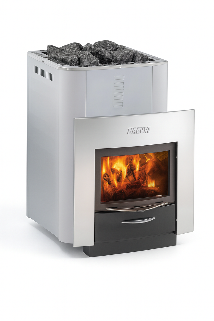 Harvia sauna heater with fireplace featuring visible burning firewood and sauna stones on top