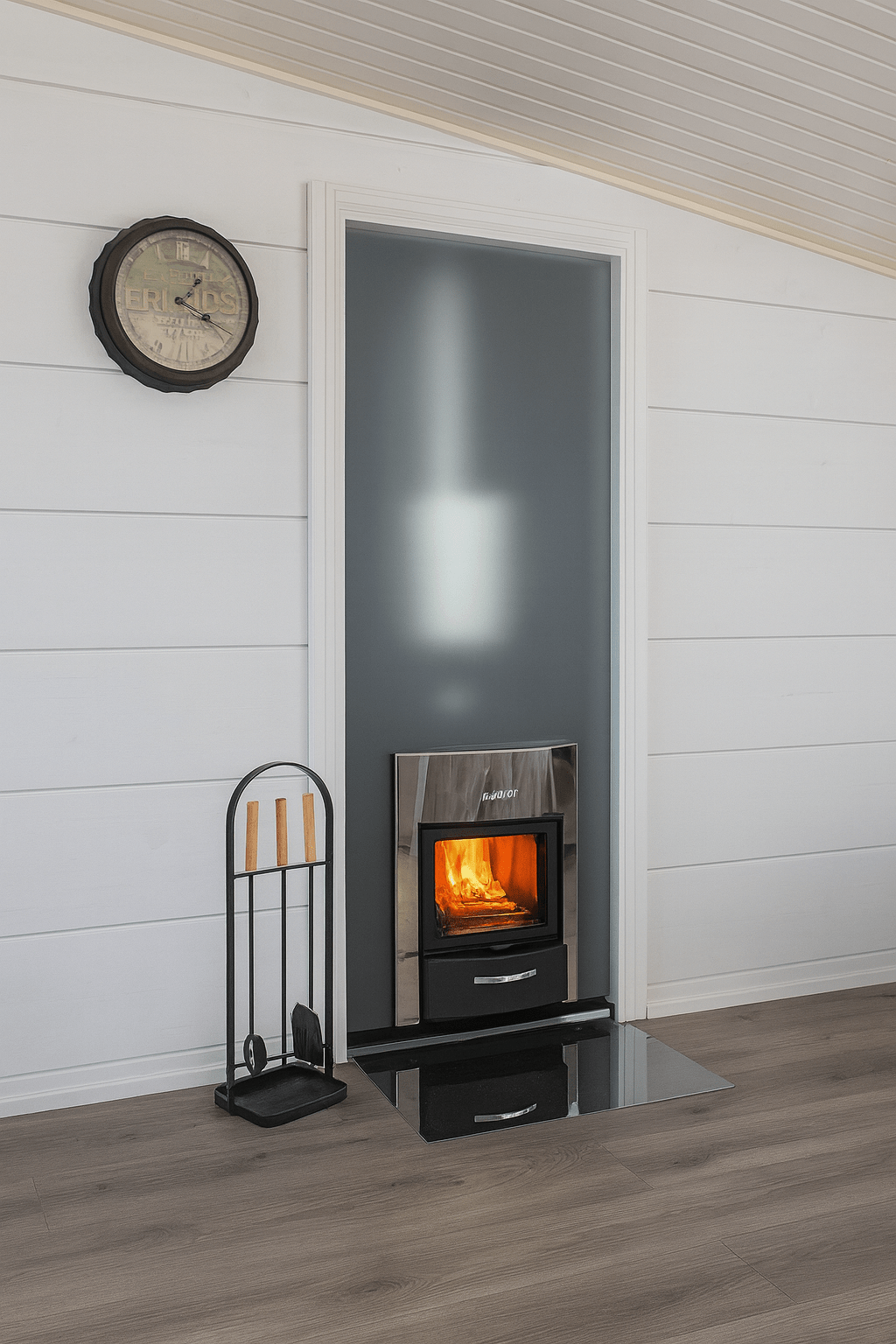 Harvia sauna heater with fireplace installed in a modern room with a clock and firewood stand