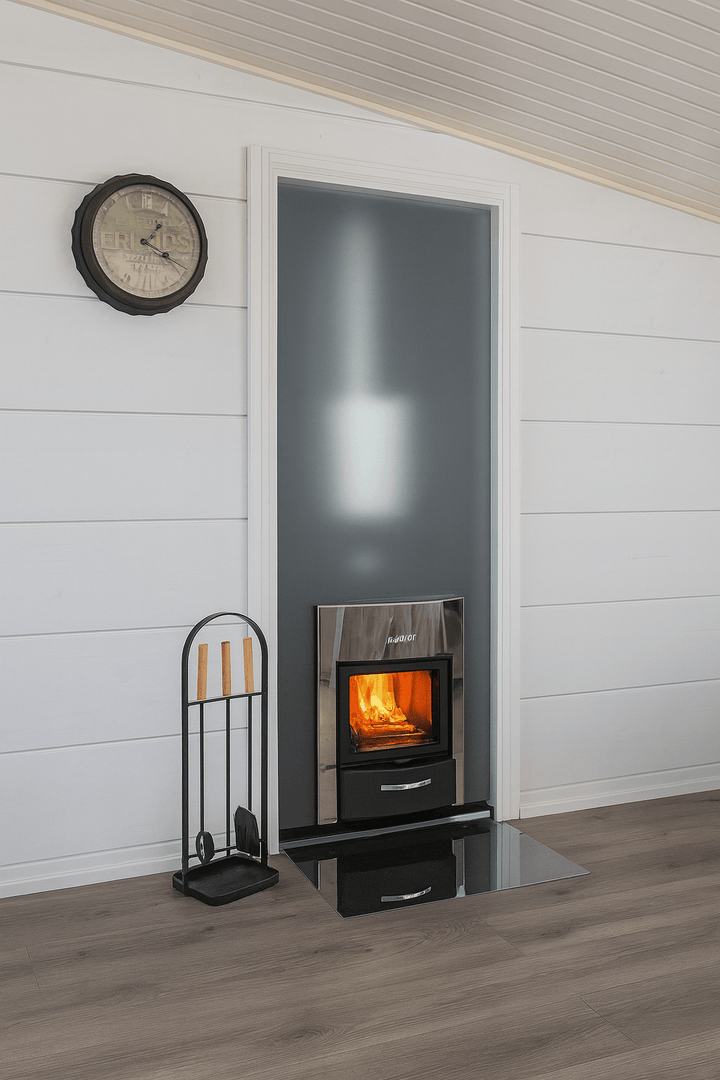 Harvia sauna heater with fireplace installed in a modern room with a clock and firewood stand