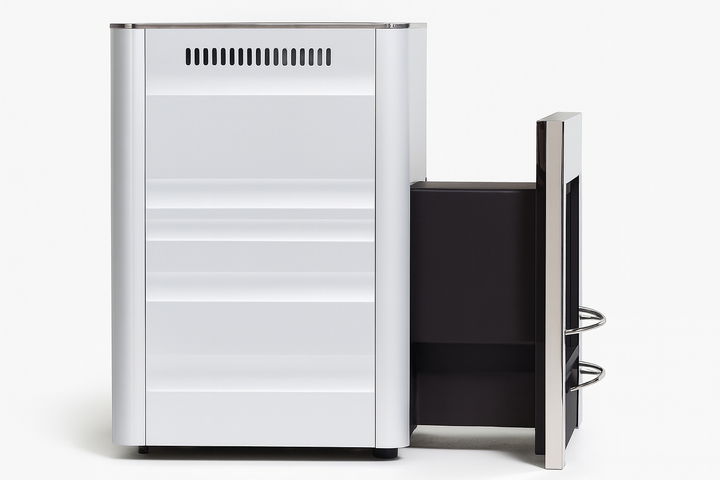 Harvia sauna heater with fireplace in sleek silver design for efficient sauna heating